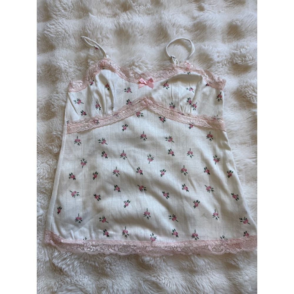 Floral Pointelle Camisole Pink Lace Trim Coquette Tank Top Ivory Small
